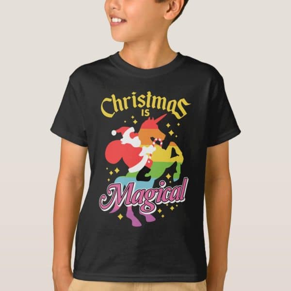 Black T-Shirt Featuring A Rainbow Unicorn With Santa Claus Riding It. Text Reads Christmas Is Magical.
