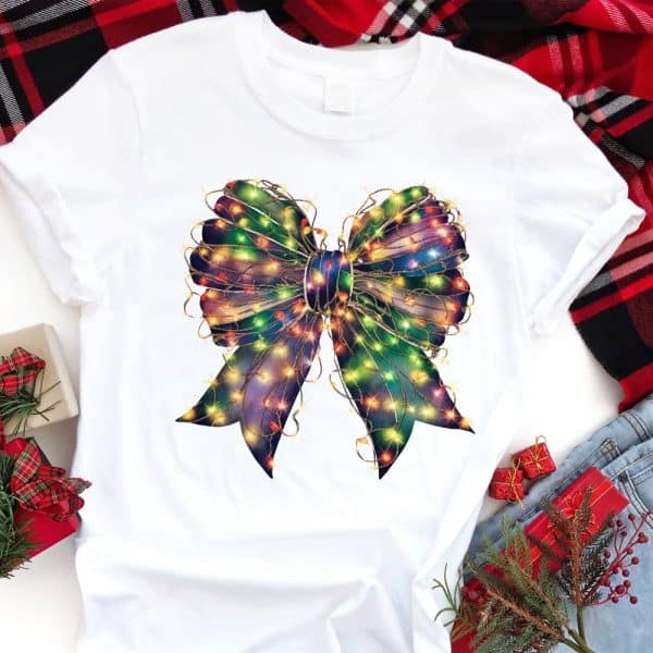 White T-Shirt Featuring A Colorful Bow Adorned With Twinkling Lights.