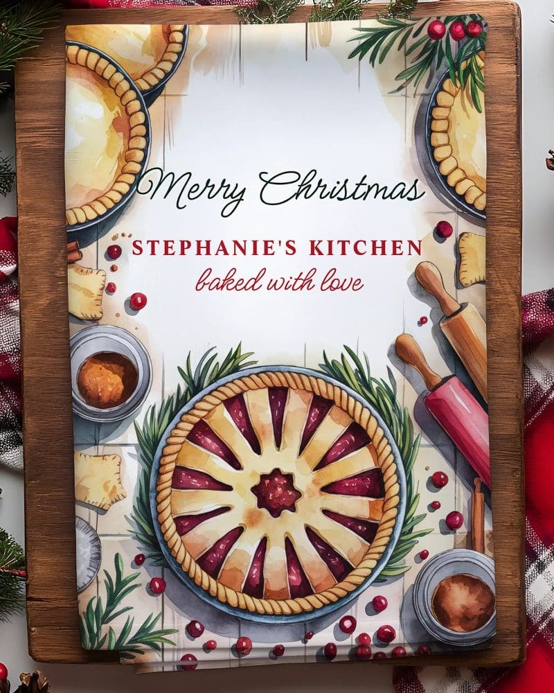 Watercolor illustration of a Christmas-themed cookbook cover featuring a berry pie, surrounded by baking ingredients and festive greenery. The title reads, Merry Christmas, Stephanie's Kitchen, baked with love.