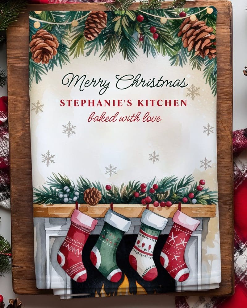 Christmas tea towel with a fireplace and stockings, personalized with Stephanie's Kitchen baked with love.