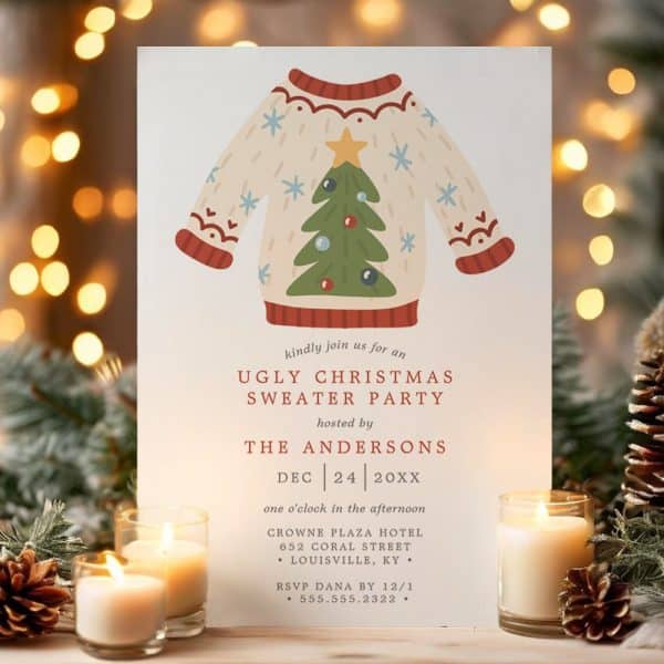Christmas Sweater Party Invitation Featuring An Illustration Of A Christmas Sweater.