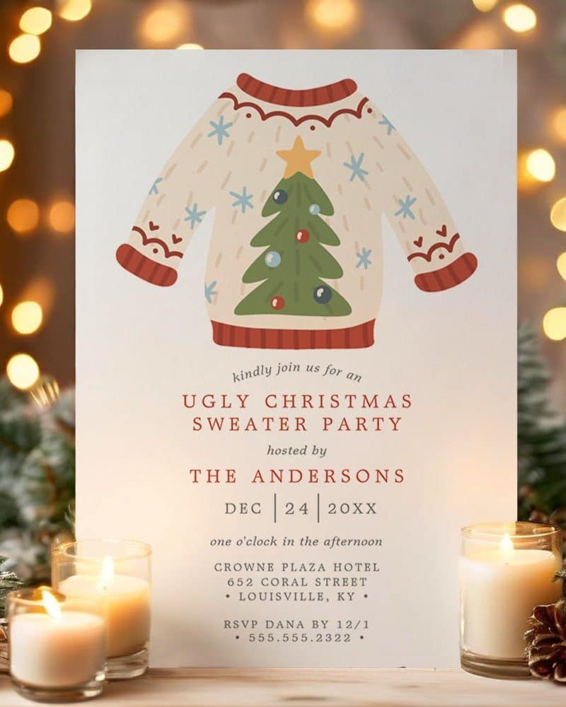 Christmas sweater party invitation featuring an illustration of a Christmas sweater.