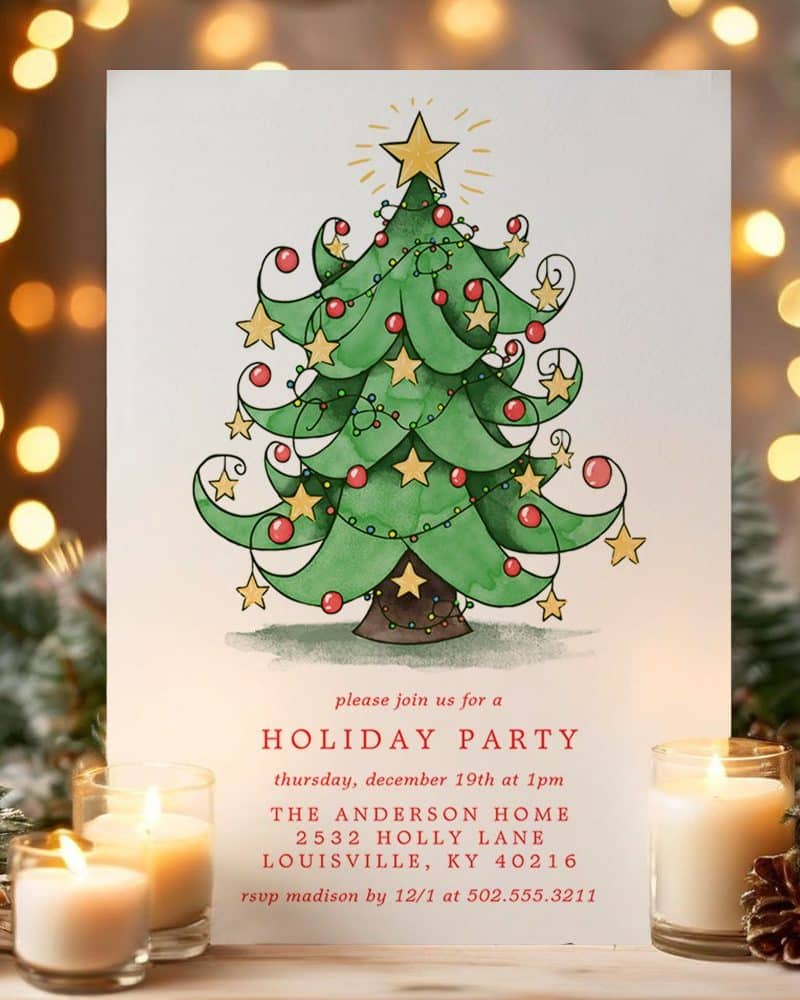A watercolor-style illustration of a whimsical Christmas tree on a holiday party invitation.