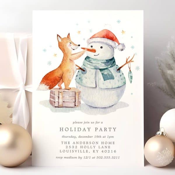 A Holiday Party Invitation Featuring A Fox Adding A Carrot Nose To A Snowman.