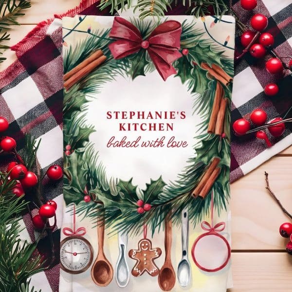 Christmas-Themed Kitchen Towel With A Holly And Cinnamon Wreath, Reading Stephanies Kitchen Baked With Love. Baking-Themed Ornaments Hang Below.