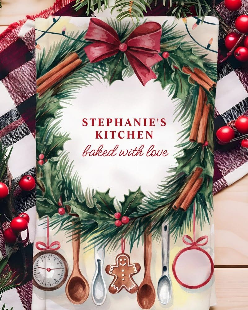 Christmas-themed kitchen towel with a holly and cinnamon wreath, reading Stephanies Kitchen baked with love. Baking-themed ornaments hang below.