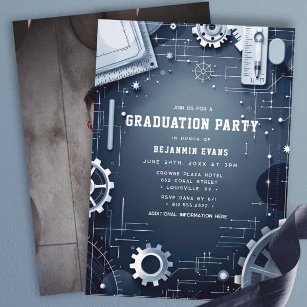 Graduation Party Invitation For Benjamin Evans, Featuring A Dark Blue Design With Metallic Gears And Engineering Elements.