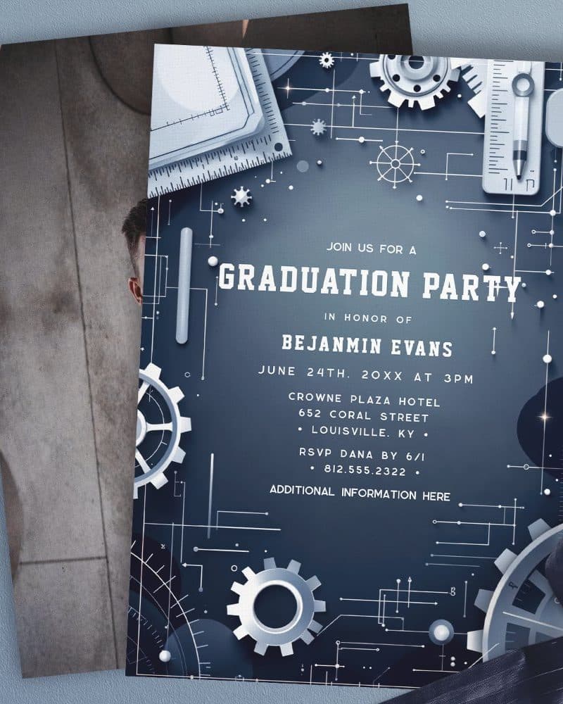 Graduation party invitation for Benjamin Evans, featuring a dark blue design with metallic gears and engineering elements.