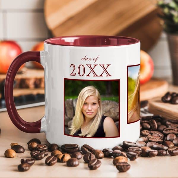 A Maroon And White Coffee Mug With A Photo Of A Blonde Girl And Text Reading Class Of 20Xx.