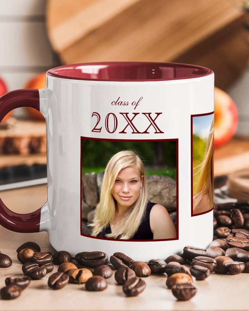 A maroon and white coffee mug with a photo of a blonde girl and text reading Class of 20XX.