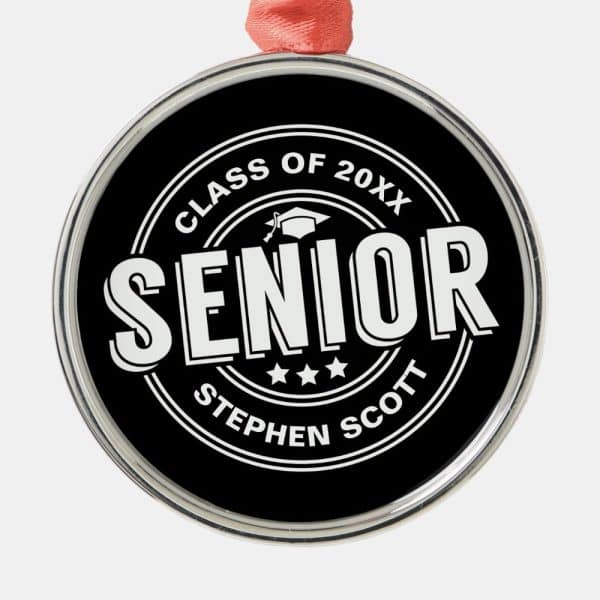 Black Circular Senior Class Of 20Xx Ornament With White Lettering.