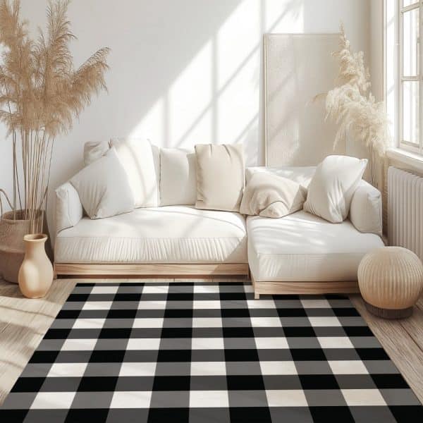 Black And White Buffalo Check Area Rug In A Living Room.