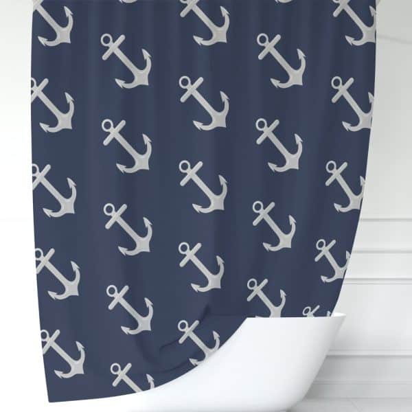 Navy Blue Shower Curtain With A Repeating Pattern Of Light Gray Anchors.