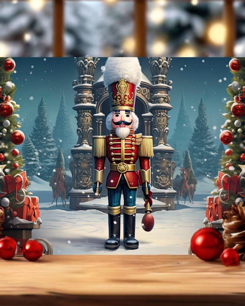 A regal nutcracker soldier stands in a snowy winter scene, holding a small broom.