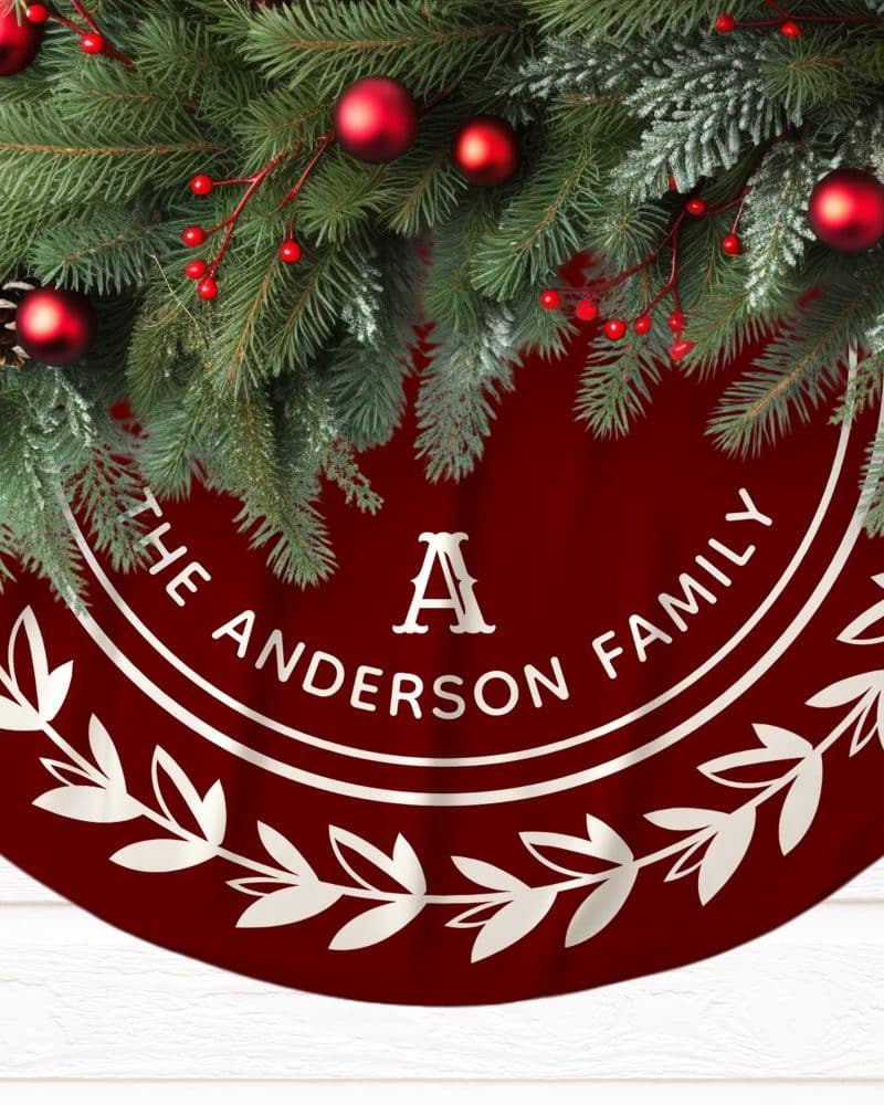 Red Christmas tree skirt with the Anderson family name and initial A in a cream-colored circular design. Pine boughs and ornaments adorn the top.