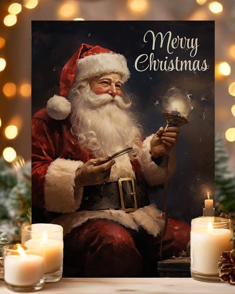 Santa Claus, depicted in a painting, examines a glowing lightbulb while seated. Merry Christmas text is visible.
