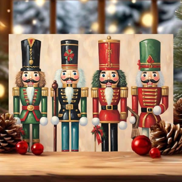 Four Nutcrackers In Green, Black, Red, And Dark Green Uniforms Stand In A Row.