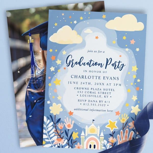 Graduation Party Invitation For Charlotte Evans, Featuring A Photo Of The Graduate And A Whimsical Illustration Of A Castle And Stars.