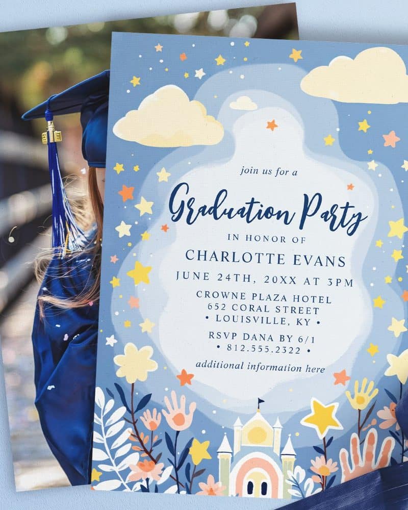 Graduation party invitation for Charlotte Evans, featuring a photo of the graduate and a whimsical illustration of a castle and stars.