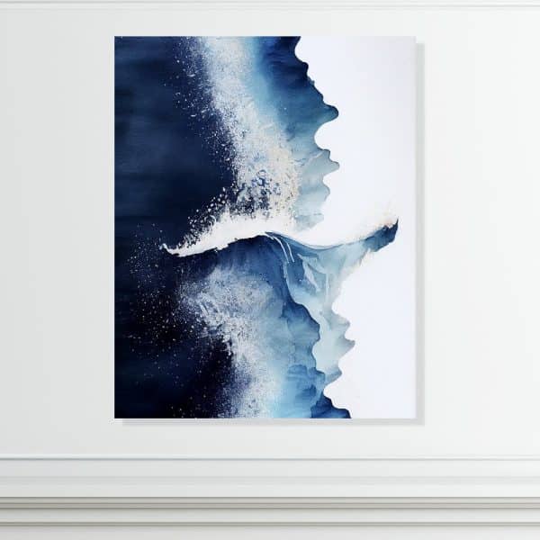 Abstract Watercolor Painting Of An Ocean Wave In Shades Of Blue And White.