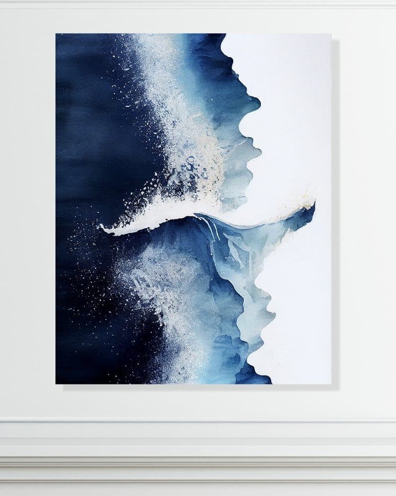 Abstract watercolor painting of an ocean wave in shades of blue and white.