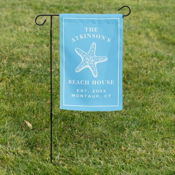 Light Blue Beach House Garden Flag With A Starfish And The Atkinson Family Name.