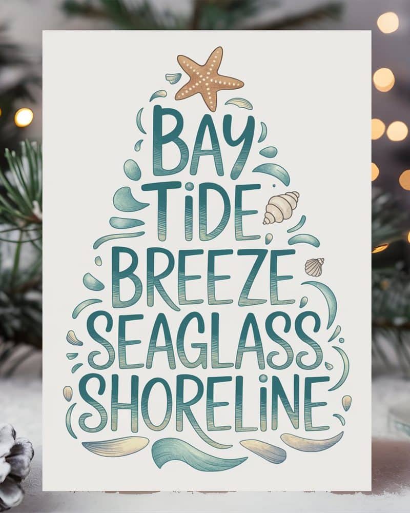 Christmas card with beach-themed typography arranged in a tree shape.