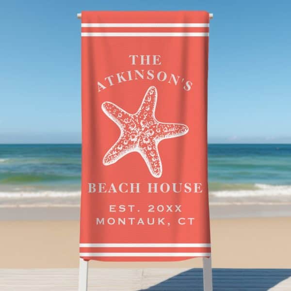 Coral Beach Towel With A Starfish Design And The Text The Atkinsons Beach House, Est. 20Xx Montauk, Ct.