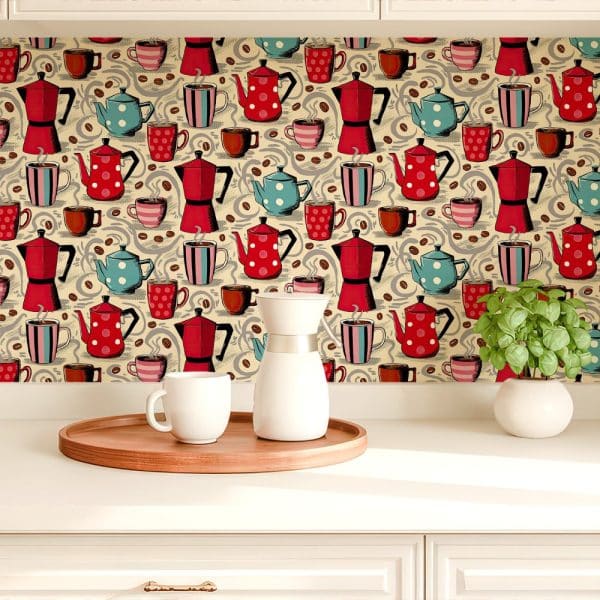 A Kitchen Backsplash With A Repeating Pattern Of Coffee Pots, Mugs, And Coffee Beans. Two White Mugs And A Coffee Carafe Sit On A Wooden Tray In Front Of It.