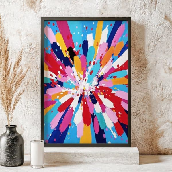 Abstract Painting In A Black Frame Featuring A Colorful Burst Of Paint Radiating From The Center.