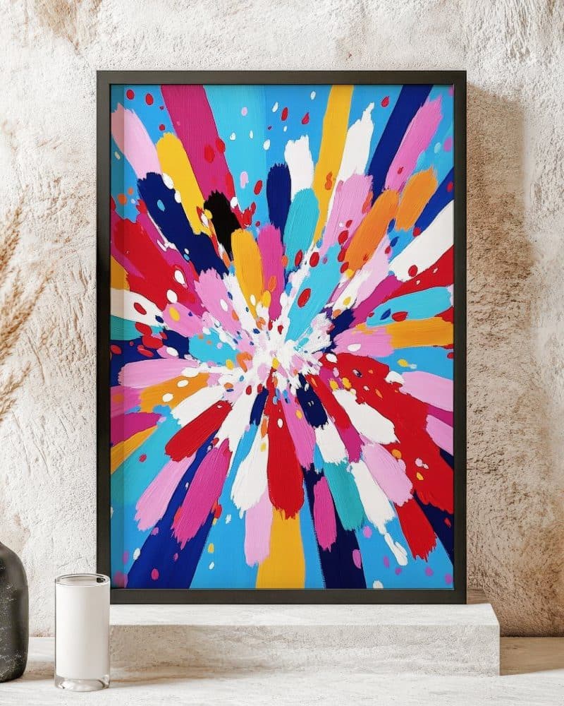 Abstract painting in a black frame featuring a colorful burst of paint radiating from the center.