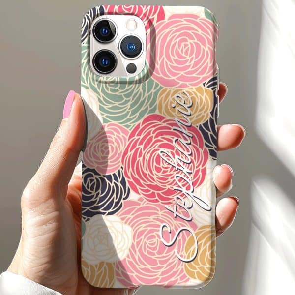 A Hand Holds A Phone Case Featuring A Floral Design And The Name Stephanie.