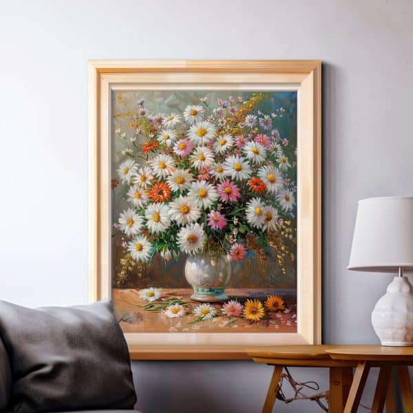 Painting Of A Bouquet Of Daisies In A Vase.