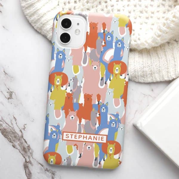 Phone Case With A Colorful Pattern Of Alpacas And The Name Stephanie.