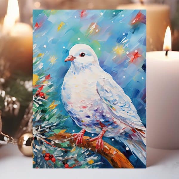 Painting Of A White Dove Perched On A Branch, Against A Blue Winter Background.