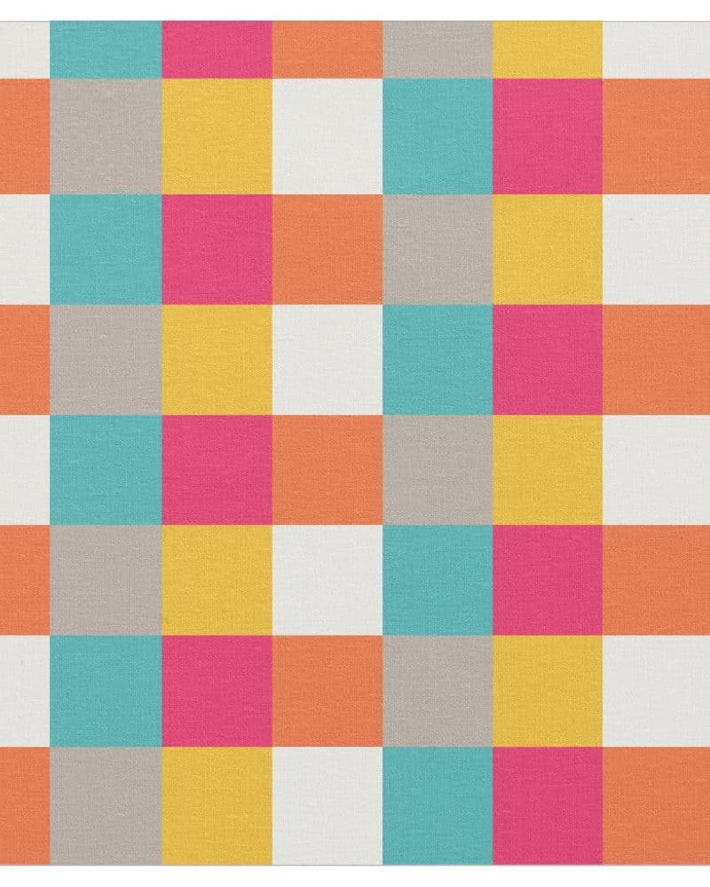 Colorful checkered pattern in orange, pink, yellow, teal, and gray.