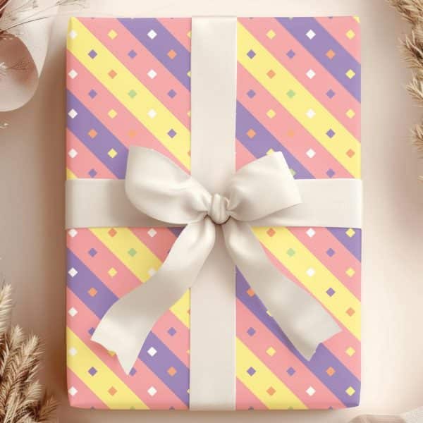 Pastel Gift Wrapped With A Diagonally Striped Pattern And A Cream-Colored Bow.