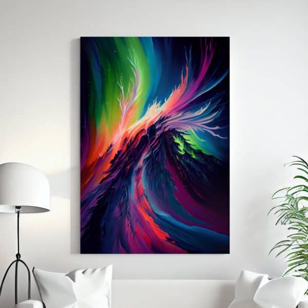 Abstract Painting Of Vibrant, Swirling Colors In Hues Of Pink, Purple, Blue, And Green, Resembling A Cosmic Landscape Or Fiery Explosion.