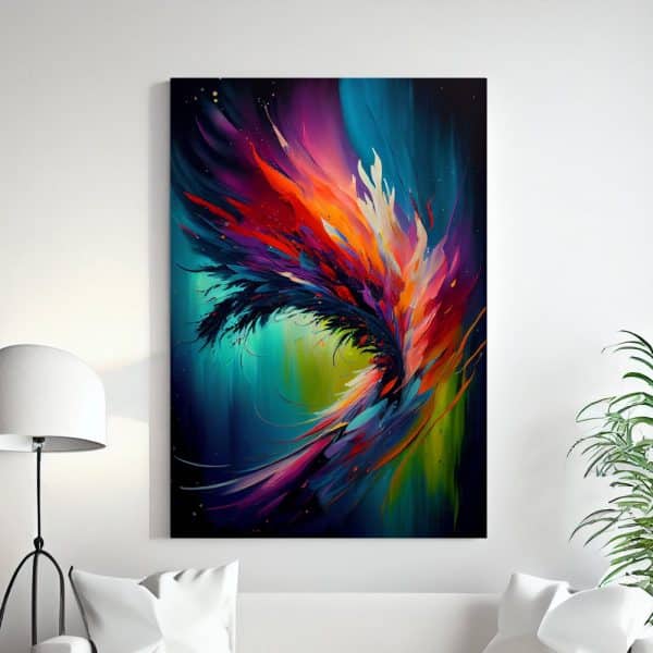 Abstract Painting Of A Vibrant, Swirling, Multicolored Design Resembling A Stylized Flame Or Feather.