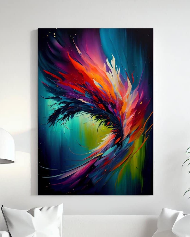 Abstract painting of a vibrant, swirling, multicolored design resembling a stylized flame or feather.