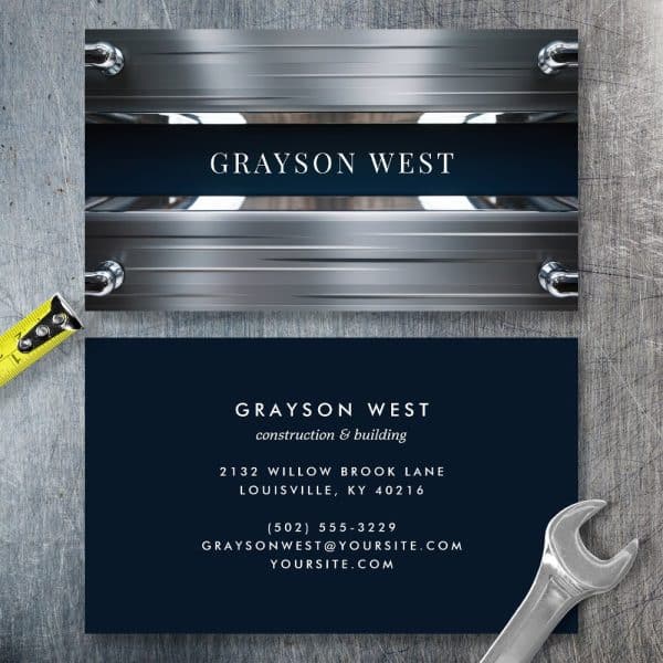 Business Card For Grayson West Construction &Amp; Building. The Card Features A Metallic Design.