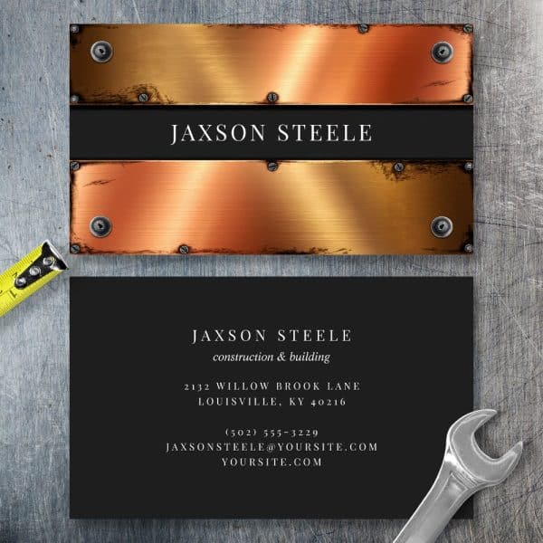 Jaxson Steele Construction And Building Business Card With A Copper Metal Design.