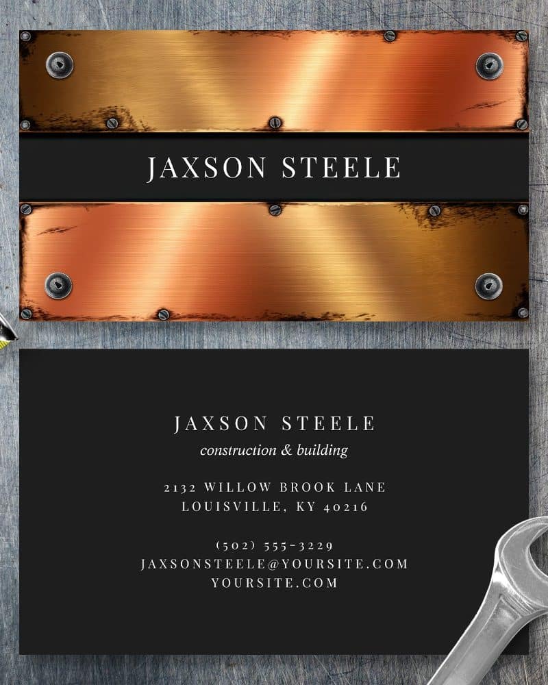 Jaxson Steele construction and building business card with a copper metal design.