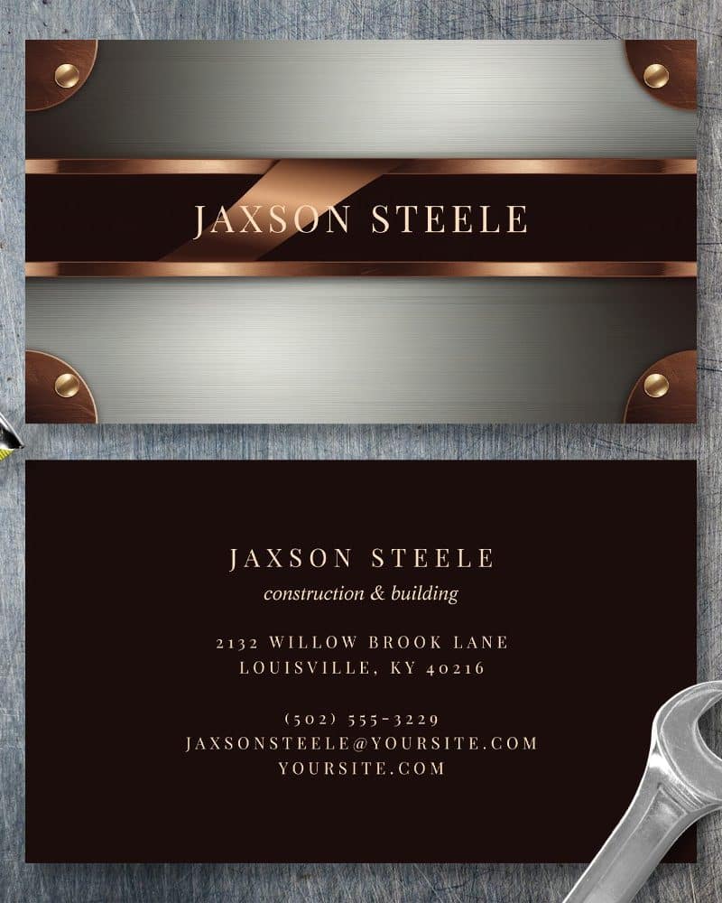 Business card for Jaxson Steele, construction and building. The card features a metallic design.