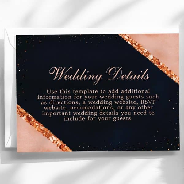 Wedding Details Card Template With A Dark Blue Background, Rose Gold Accents, And Text Explaining Its Use.