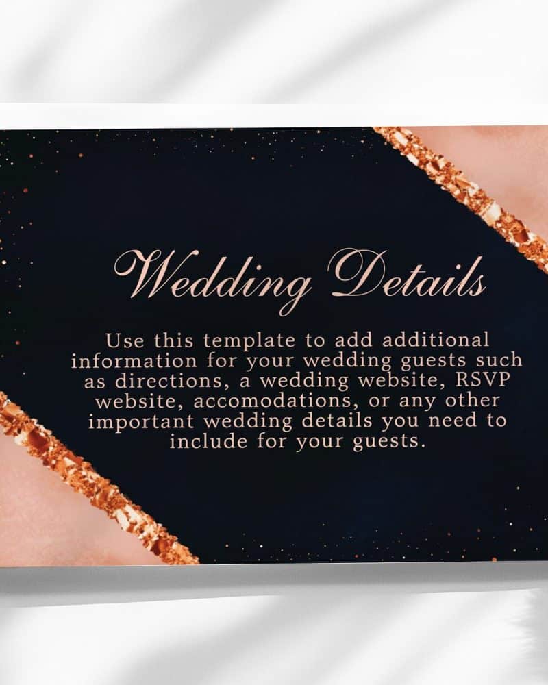 Wedding details card template with a dark blue background, rose gold accents, and text explaining its use.
