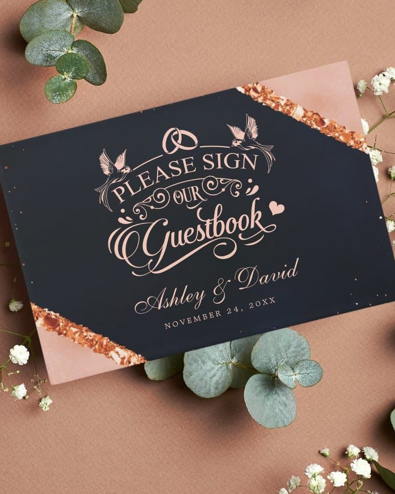 Copper Blush Pink Navy Geometric Wedding Guest Book