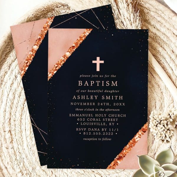 Baptism Invitation For Ashley Smith, Featuring A Dark Blue And Rose Gold Design.
