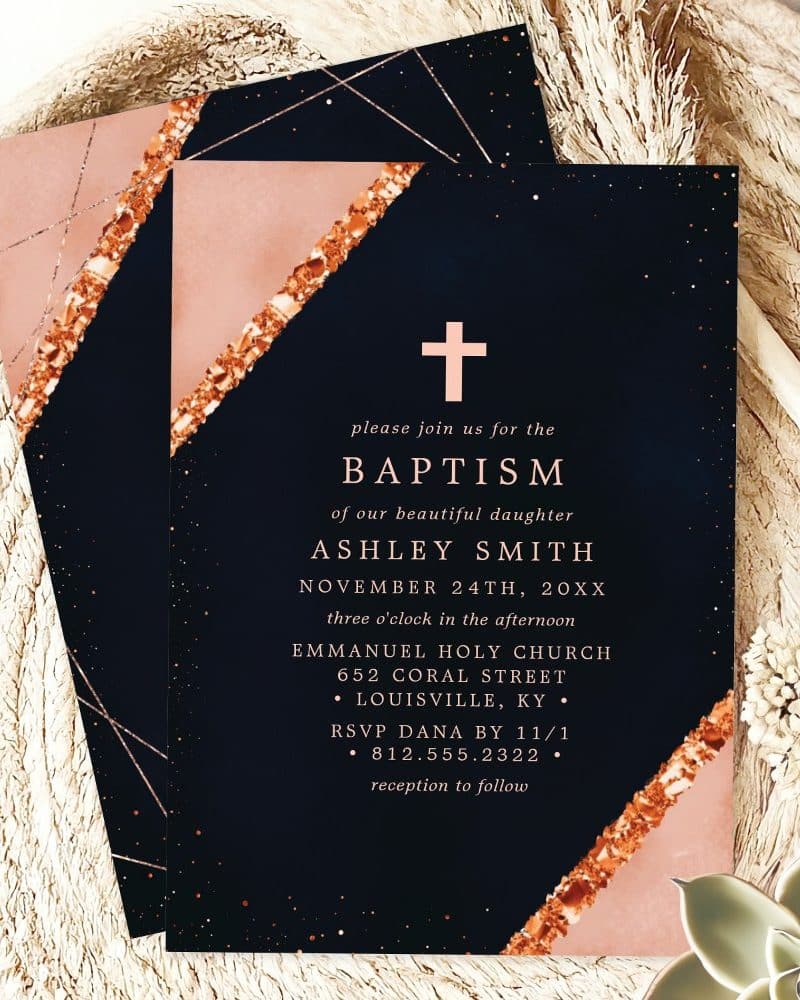 Baptism invitation for Ashley Smith, featuring a dark blue and rose gold design.