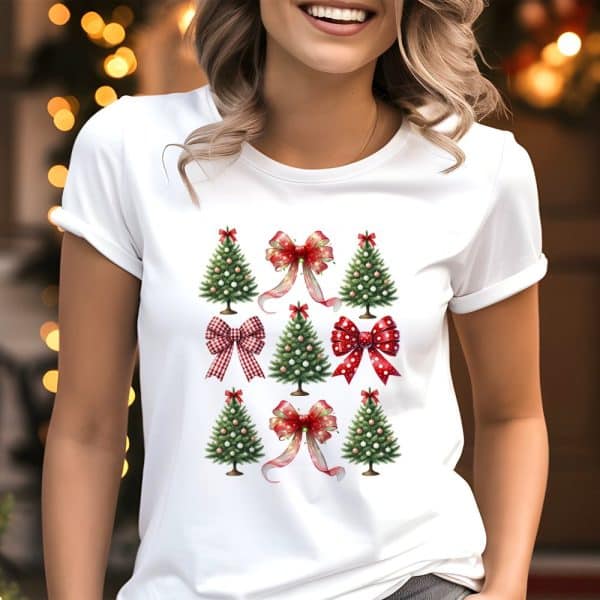 Woman Wearing A White T-Shirt With A Christmas Tree And Bow Design.